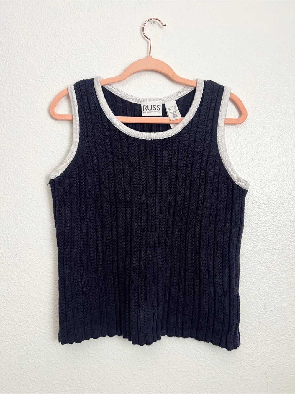 RUSS Navy Ribbed Sleeveless Crewneck with White Trim